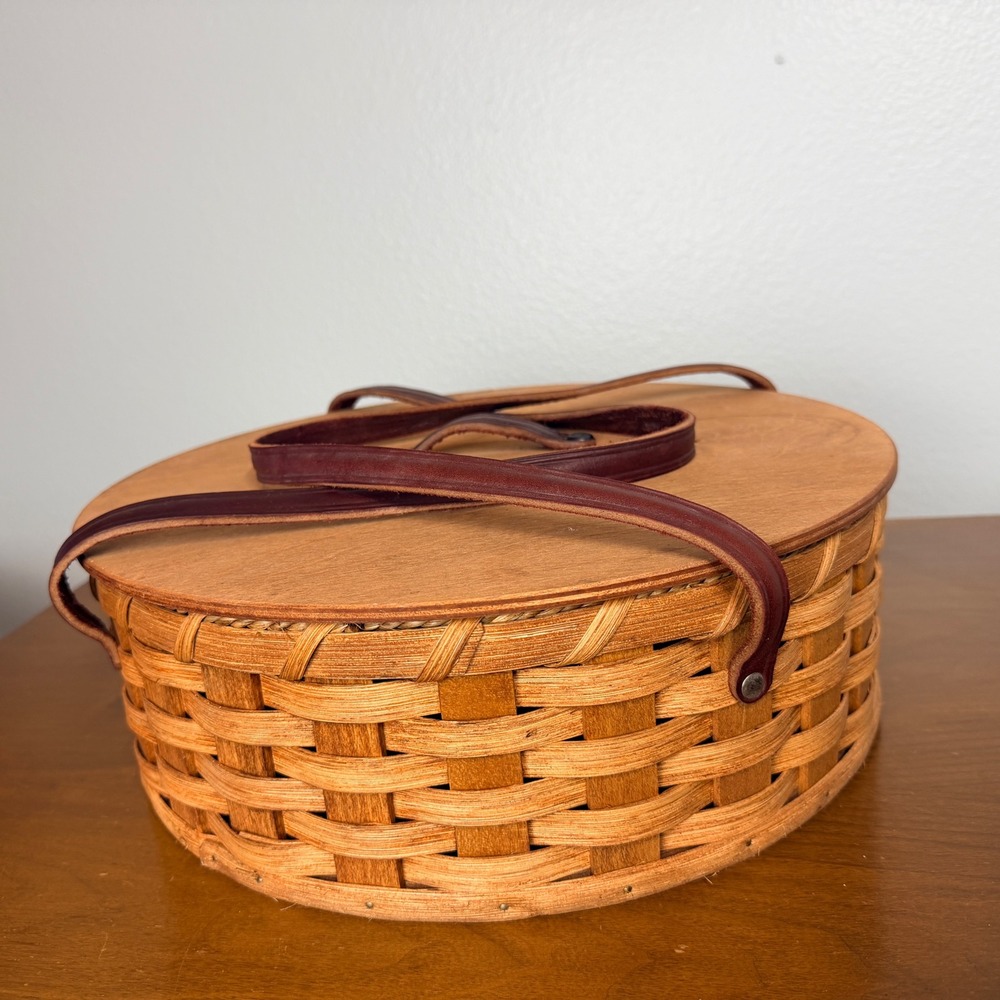 Handmade Pie Basket Large Brown Woven Wood Carrier Vintage Leather Straps